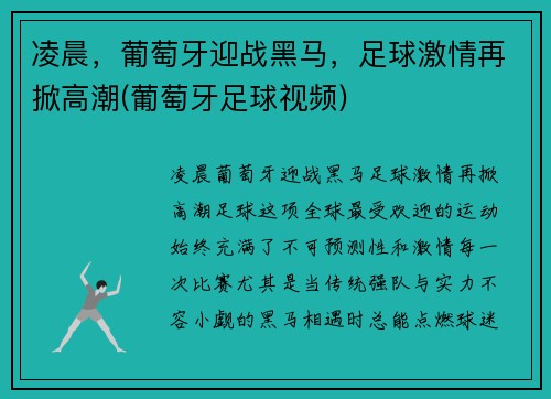 凌晨，葡萄牙迎战黑马，足球激情再掀高潮(葡萄牙足球视频)