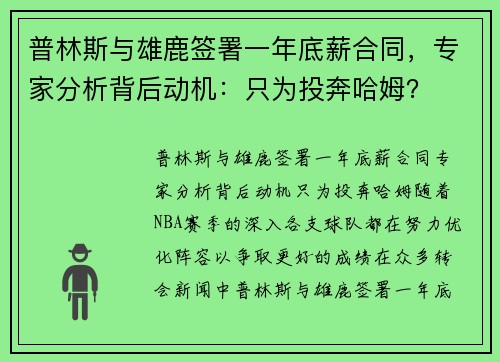 普林斯与雄鹿签署一年底薪合同，专家分析背后动机：只为投奔哈姆？