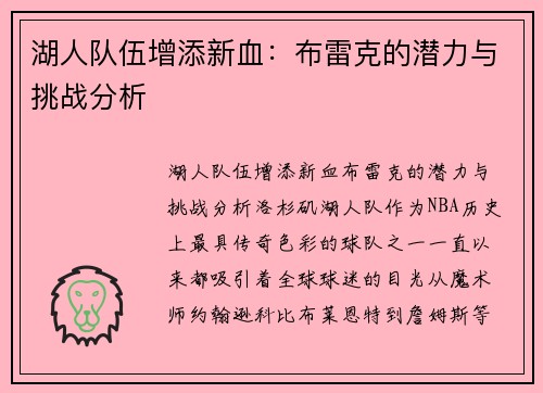 湖人队伍增添新血：布雷克的潜力与挑战分析