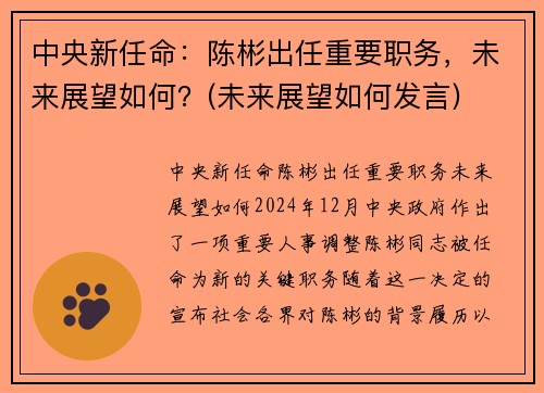 中央新任命：陈彬出任重要职务，未来展望如何？(未来展望如何发言)